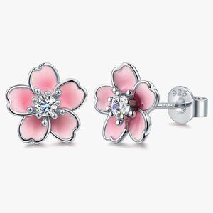 Pink Flower Earrings, 925 Sterling Silver Stud Earrings for Ladies